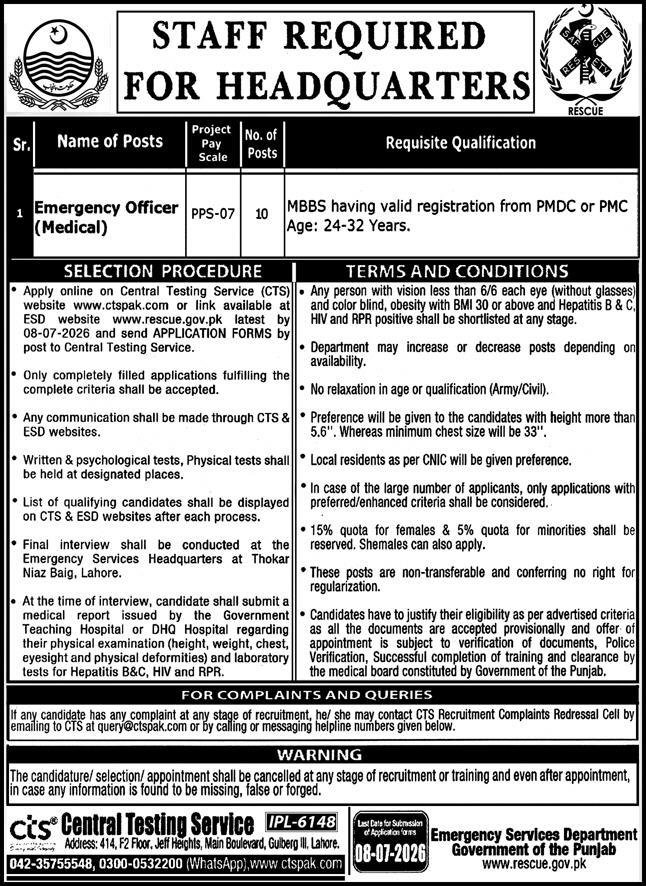 Rescue 1122 Emergency Officer Medical Jobs 2026 advertisement for MBBS candidates with PMDC registration published in Pakistan.