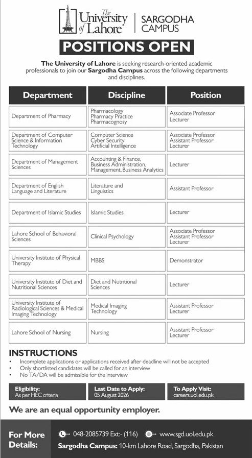 University of Lahore Jobs 2026 Sargodha Campus faculty positions advertisement