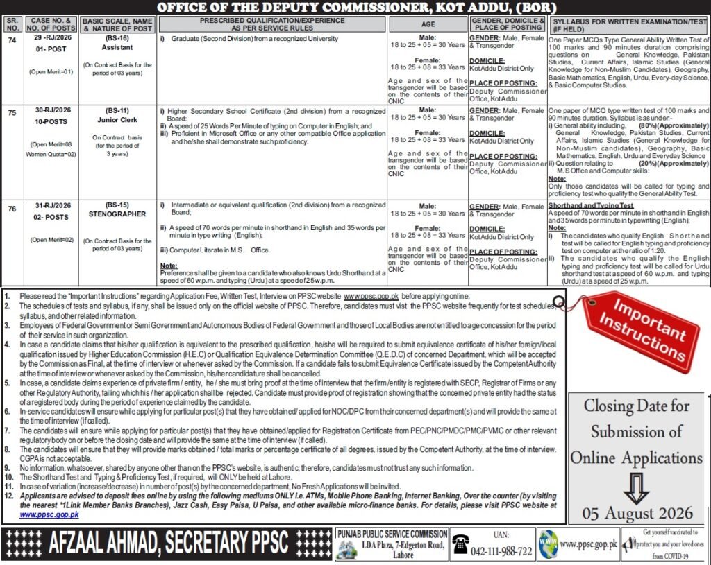 Deputy Commissioner Office Kot Addu Jobs 2026 for Assistant Junior Clerk and Stenographer posts