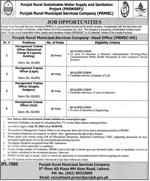 PRMSC Management Trainee Officer Jobs 2026 advertisement for multiple vacancies in Lahore.