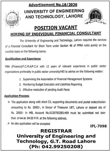 UET Lahore Financial Consultant Jobs 2026 official advertisement for Individual Financial Consultant vacancy.