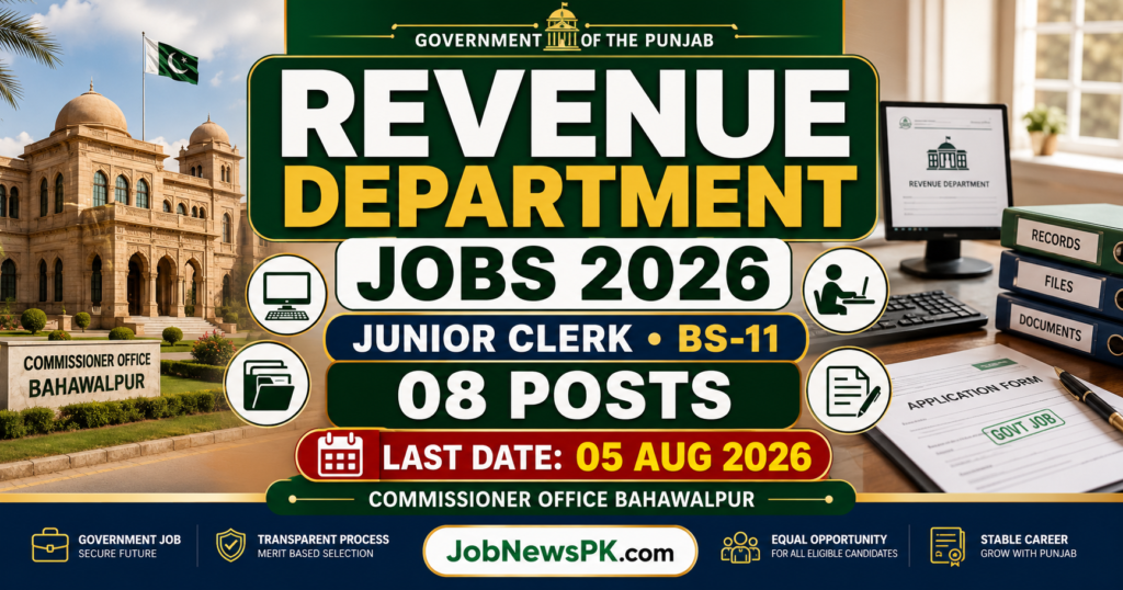 Revenue Department Jobs 2026 Junior Clerk BS-11 vacancies in Commissioner Office Bahawalpur
