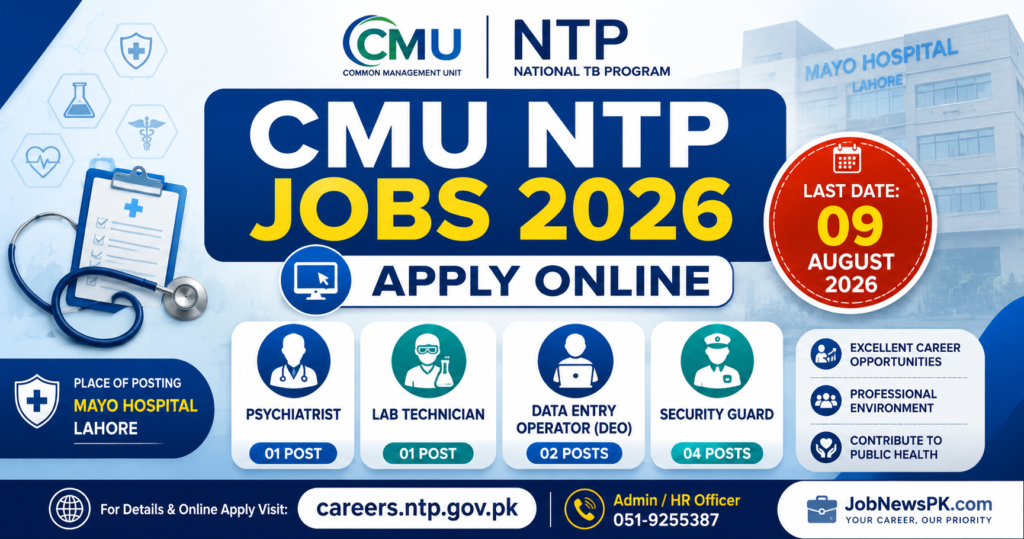 CMU NTP Jobs 2026 Advertisement for Psychiatrist, Lab Technician, Data Entry Operator and Security Guard in Lahore