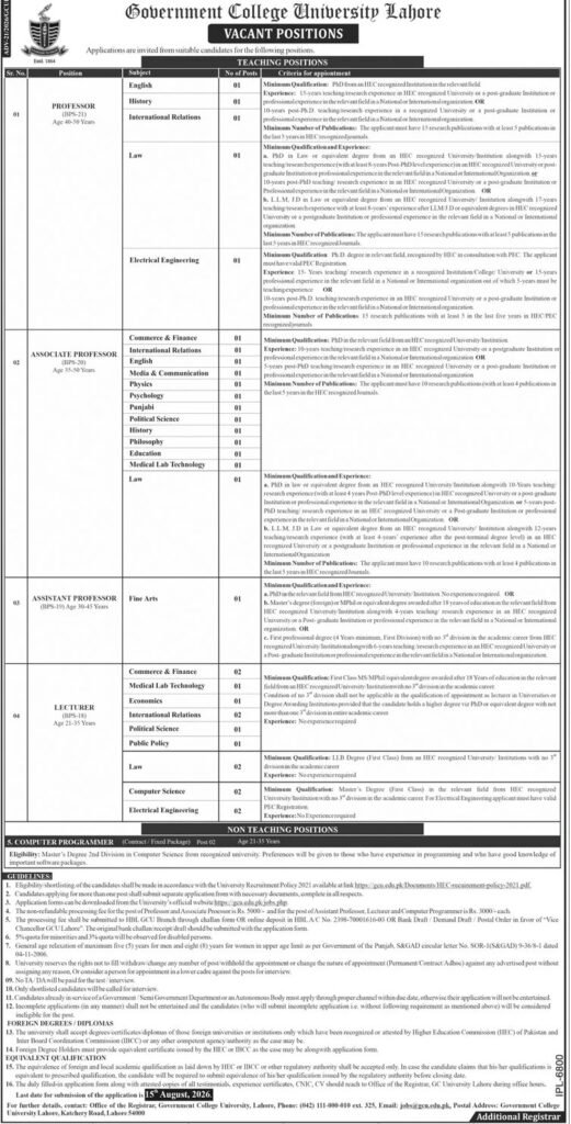Government College University Lahore Jobs 2026 advertisement for Professor, Associate Professor, Assistant Professor, Lecturer and Computer Programmer vacancies.
