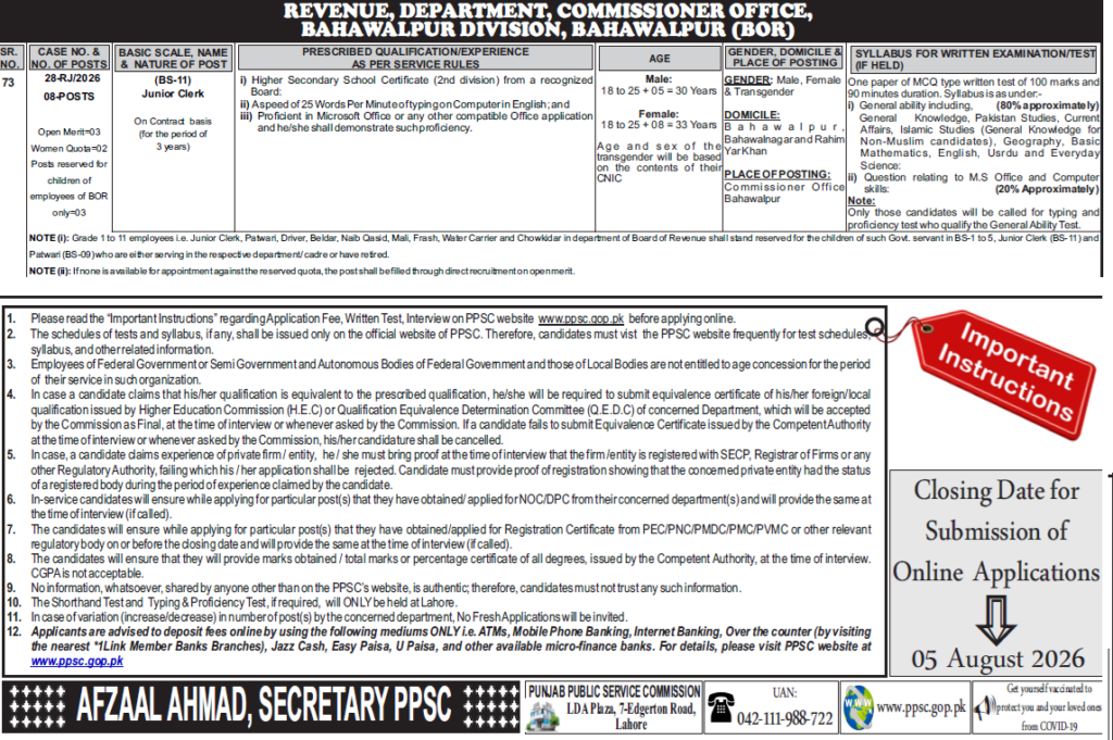 Revenue Department Jobs 2026 Junior Clerk BS-11 vacancies in Commissioner Office Bahawalpur