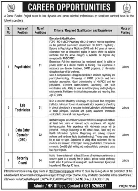 CMU NTP Jobs 2026 Advertisement for Psychiatrist, Lab Technician, Data Entry Operator and Security Guard in Lahore