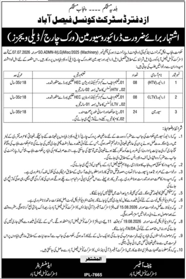 District Council Faisalabad Jobs 2026 advertisement for HTV Driver, LTV Driver and Sewer Man vacancies.