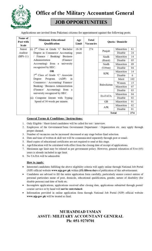 Military Accountant General Jobs 2026 advertisement for 274 Junior Auditor BPS-11 posts