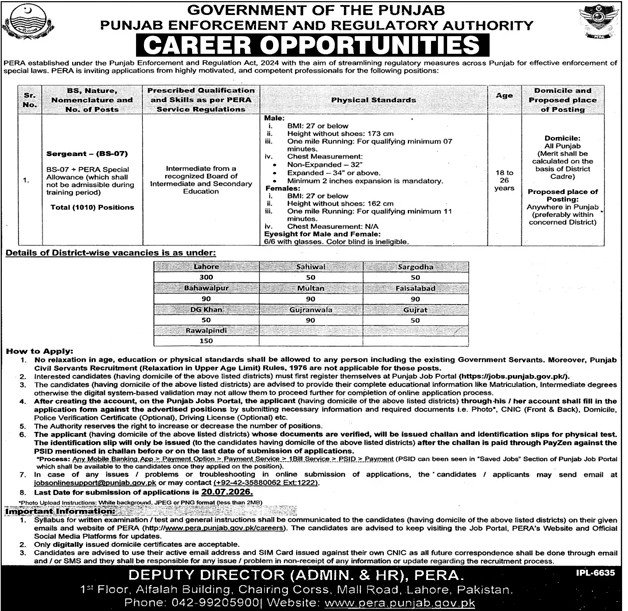 PERA Punjab Jobs 2026 Advertisement for Sergeant BS-07 Position