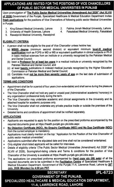 Public Sector Medical Universities Vice Chancellor Jobs 2026 Advertisement by SHC&ME Punjab