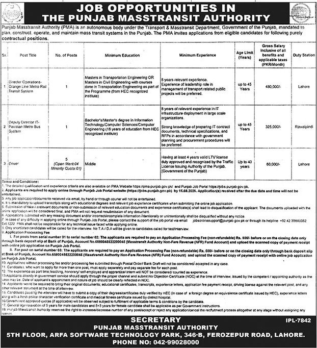 Punjab Masstransit Authority Jobs 2026 advertisement for Director Operations, Deputy Director IT and Driver vacancies.